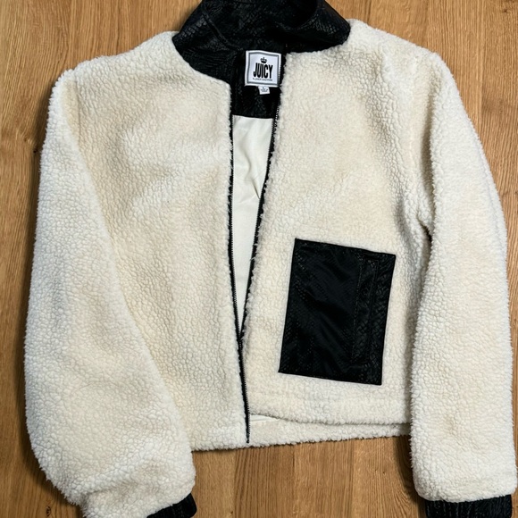 Juicy Couture White Fluffy Bomber Jacket - Size Large - Picture 1 of 5